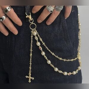 Gold and Pearl Wallet/Purse Chain with Cross Pendant J159